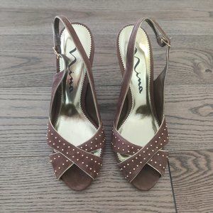 *NEW* NINA Wedge Brown Suede Gold Stud Peep Toe Heel NEW